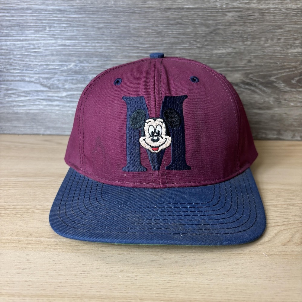 Vintage Mickey Mouse Hat Cap Snap Back Maroon Blue Embroidered Mens Disney 90s